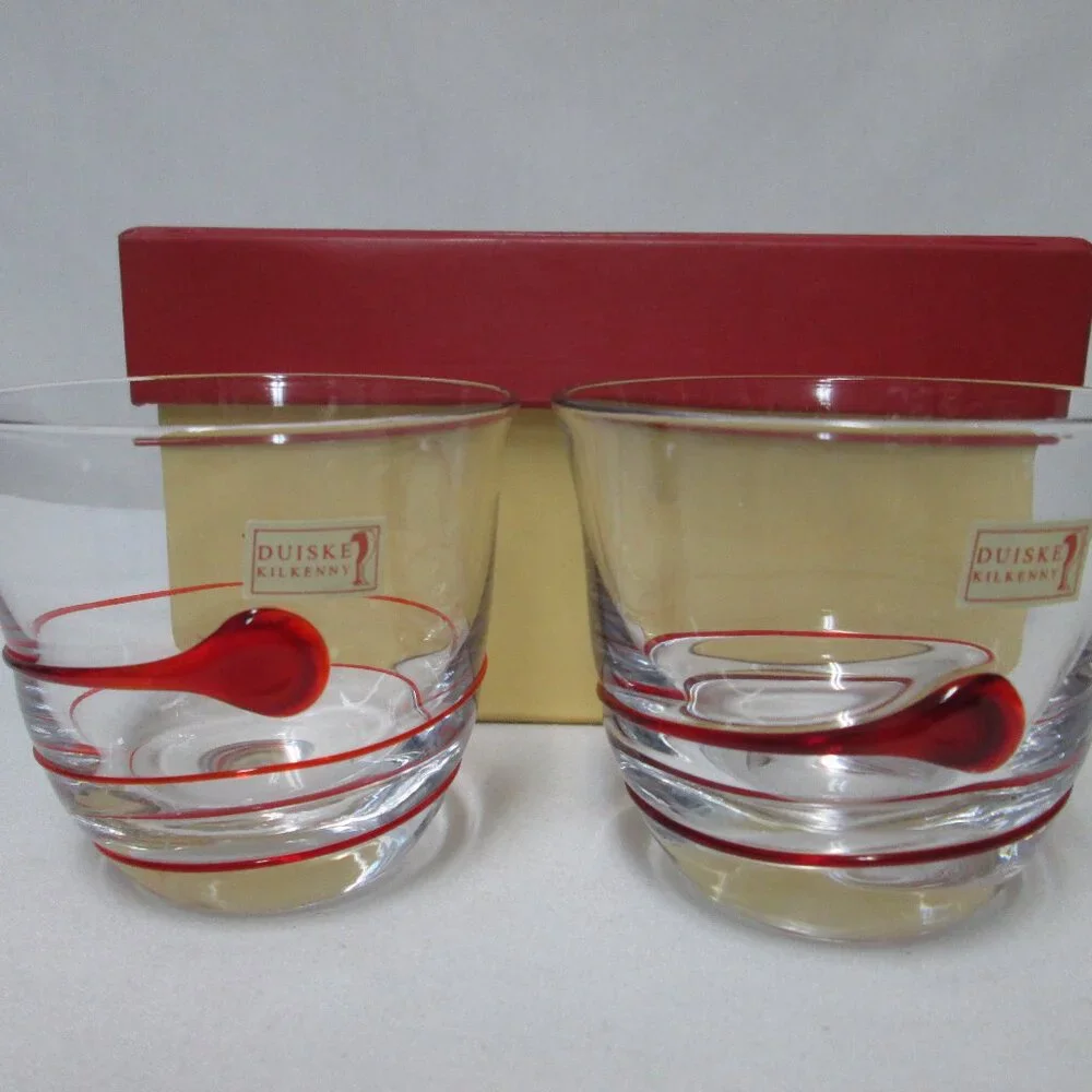 Duiske Kilkenny Irish hand cut glass red swirl votive candle holders Set 2 NEW